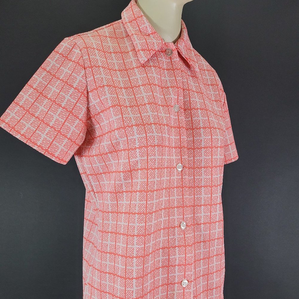 60s/70s Mod Grid Print Short Sleeve Button Up Top - image 4